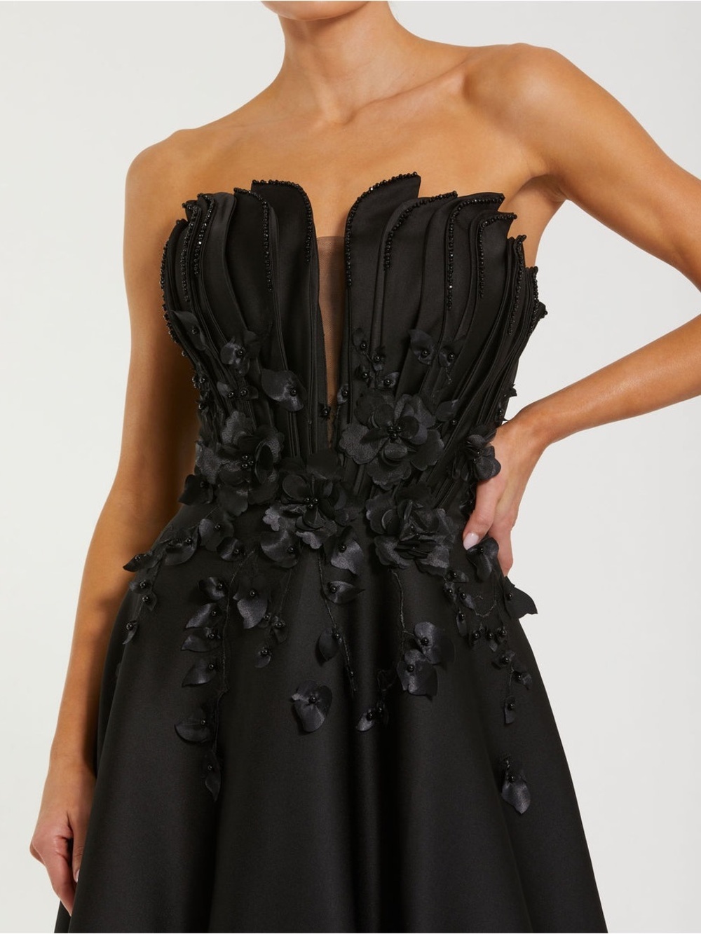 Mac Duggal 37134 Black Strapless Satin Floral Embellished Ball Gown Size 14 NWT - Picture 2 of 10